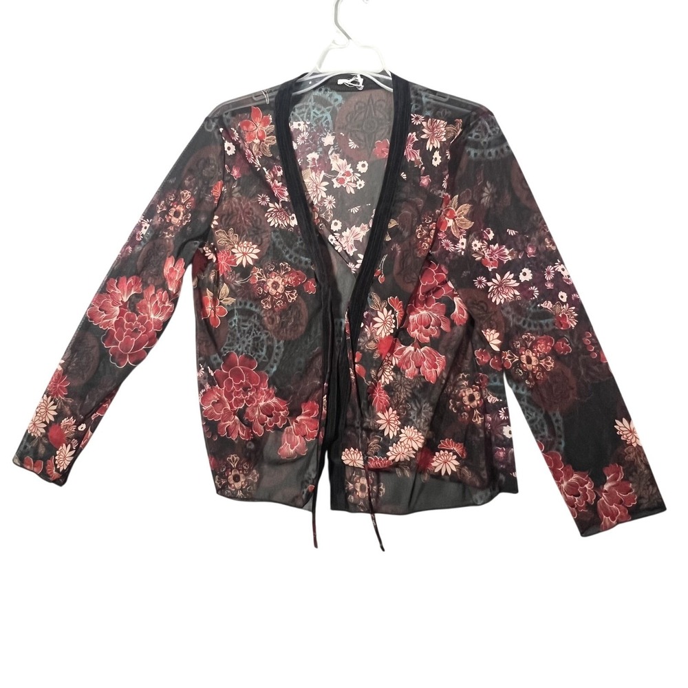 Women's Floral Sheer Mesh Cardigan Shrug Top Long Sleeve Black Red Open Front